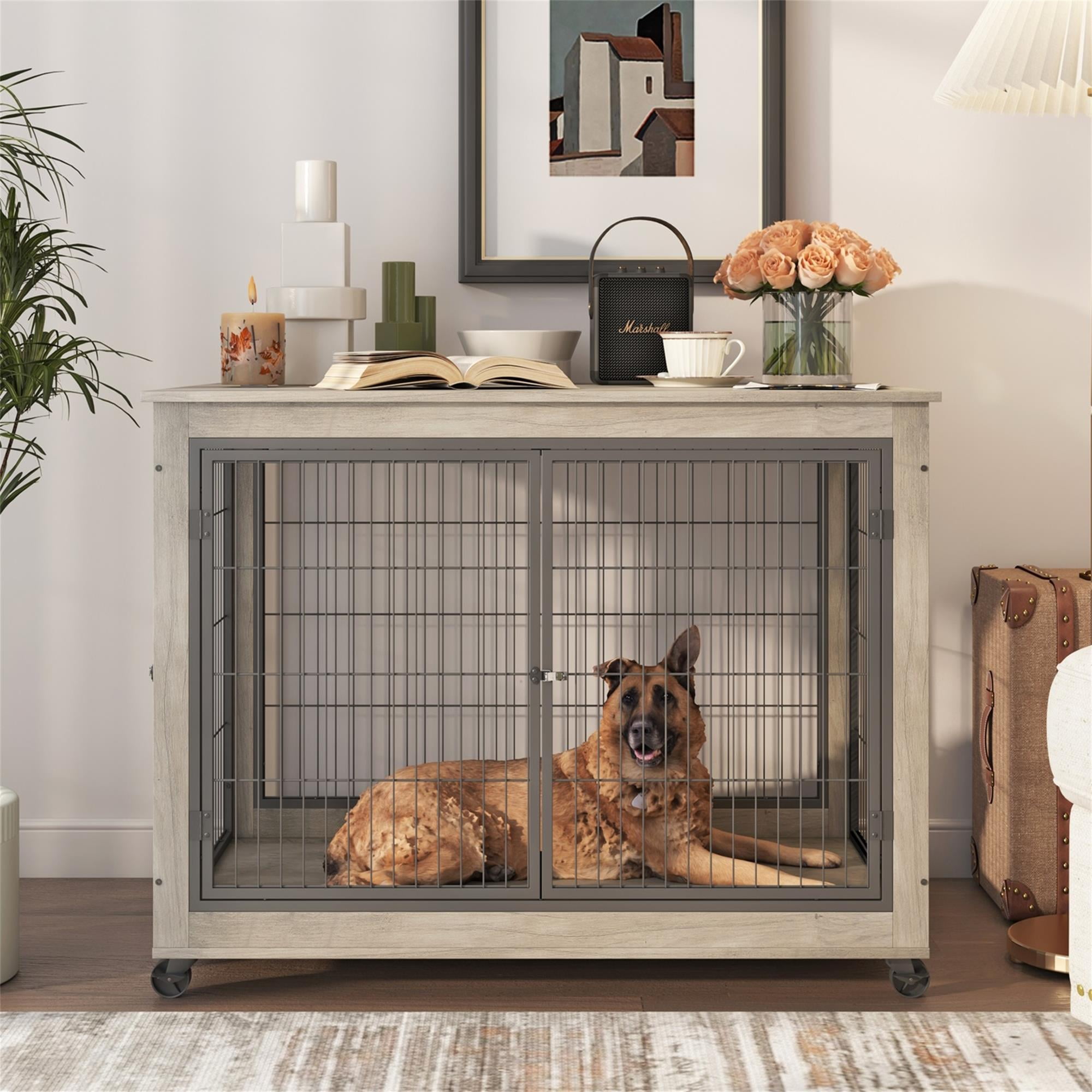 Pefilos 43" Wooden Dog Crates for Large Dogs Indoor Sliding Door Dog Cage Furniture with Wheels for Two Puppies Dog House, Gray Pefilos 43" Wooden Dog Crates for Large Dogs Indoor Sliding Door Dog Cage Furniture with Wheels for Two Puppies Dog House, Gray