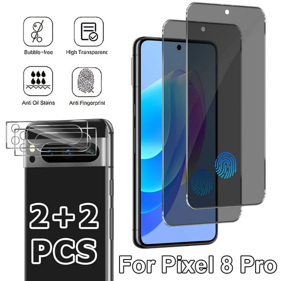 [2 2 Pack] 2 Pack For Pixel 8 Pro 5G Privacy Screen Protector with 2 Pack Camera Lens Protector, Anti Spy Anti Peep Anti-Scratch Fingerprint ID Compatible Case Friendly, 9H Hardness Tempered Glass