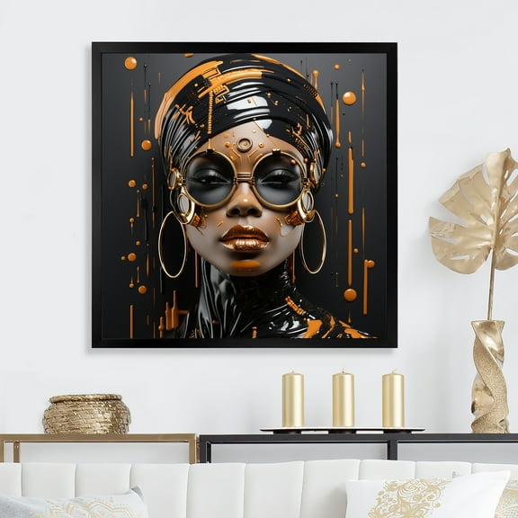 Designart "Radiance of African Woman in Gold and Black III" Fashion Framed Wall Art Decor - Glam Yellow Woman African American Entryway Framed Wall Art