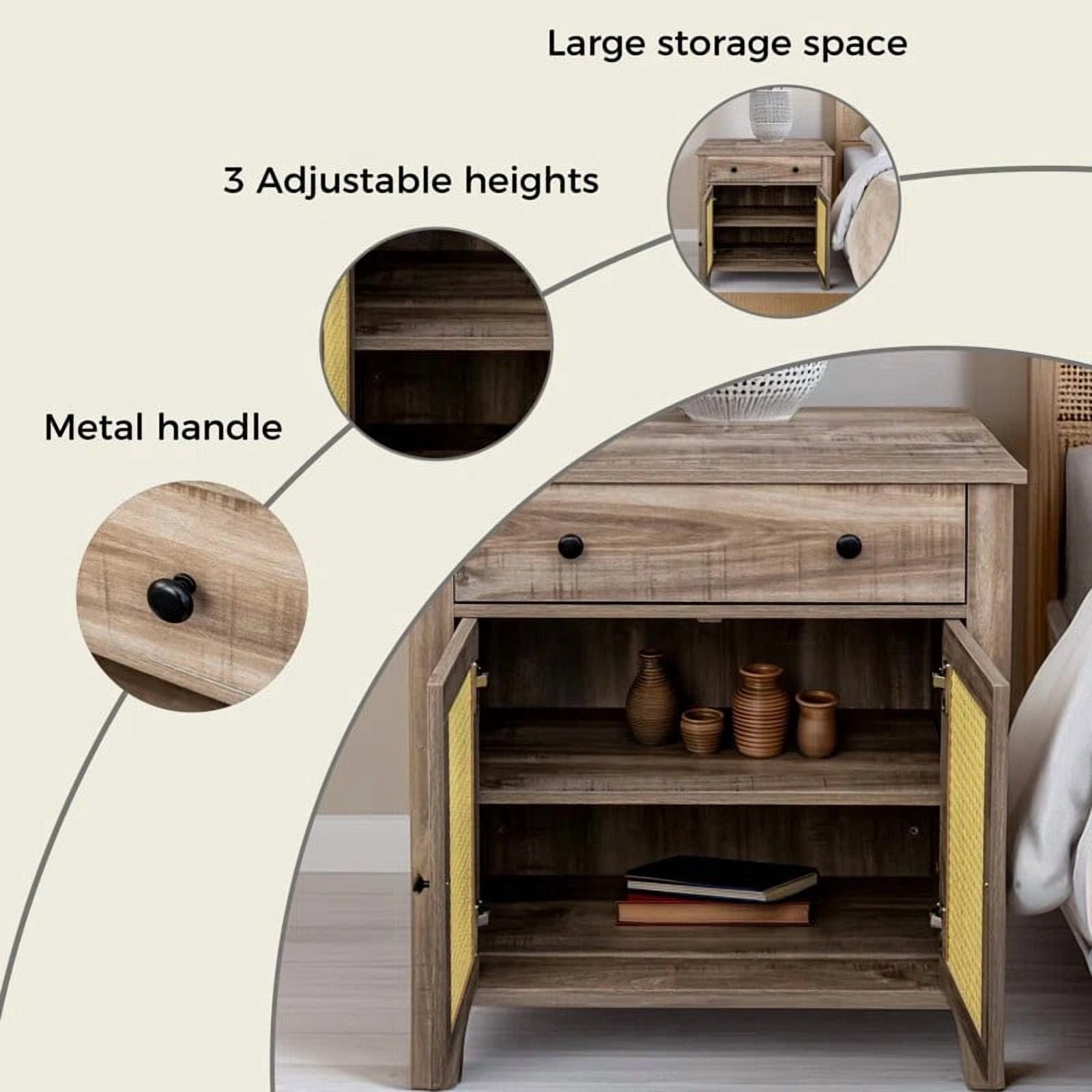 COMHOMA Rattan Cabinet, Mid Century Modern Cabinet with Rattan Decorated Door and Adjustable Shelf, Bedside Storage End Table with Drawer, Cabinet for Bedroom and Living Room,Drifted Grey