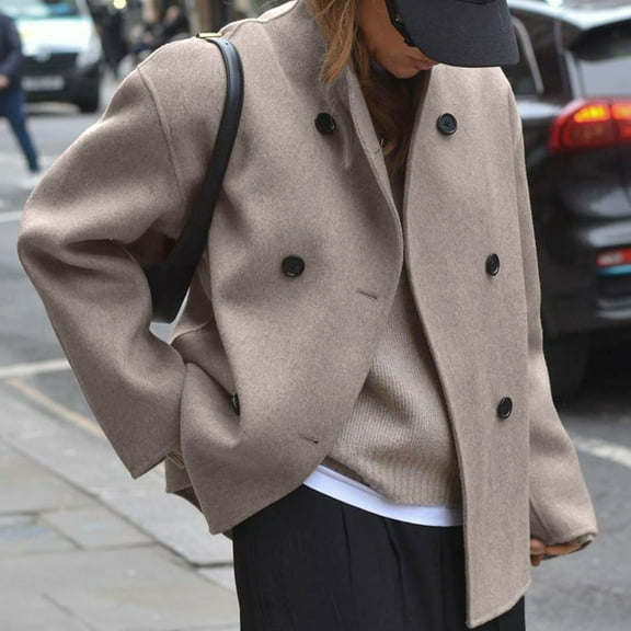 DailyTrove Women's Double-Breasted Wool Coat, Long Sleeve, Winter Formal & Office Wear, Warm Polyester Blend, Plus Size Friendly