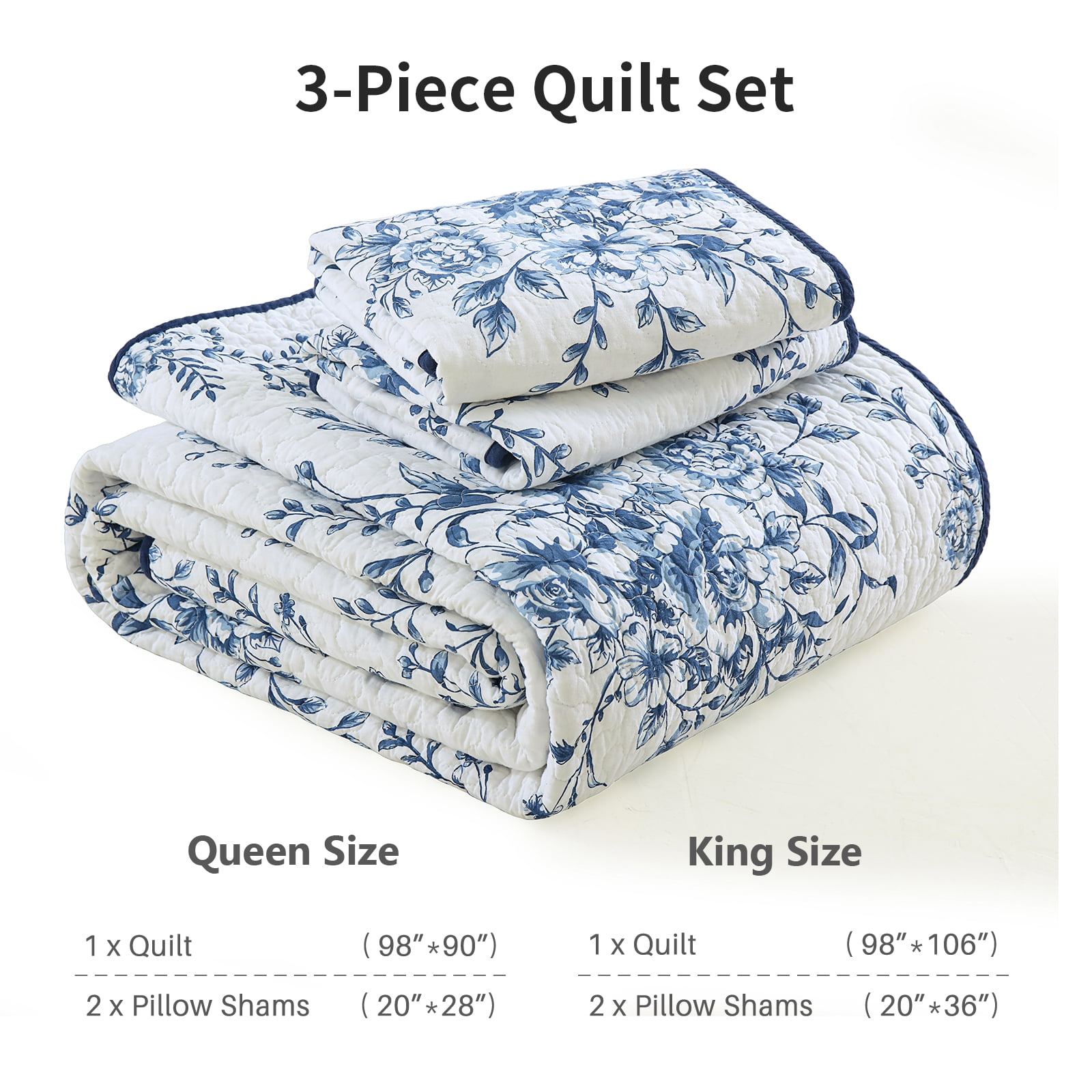 DDUOXIN Blue White Floral Quilt Bedspread, 100% Cotton Queen Size Quilt Set, Lightweight Reversible Bedspreads for Queen Bed, Flower Vintage Botanical Quilts, Coverlet 3-Piece Bedding Set, All-Season