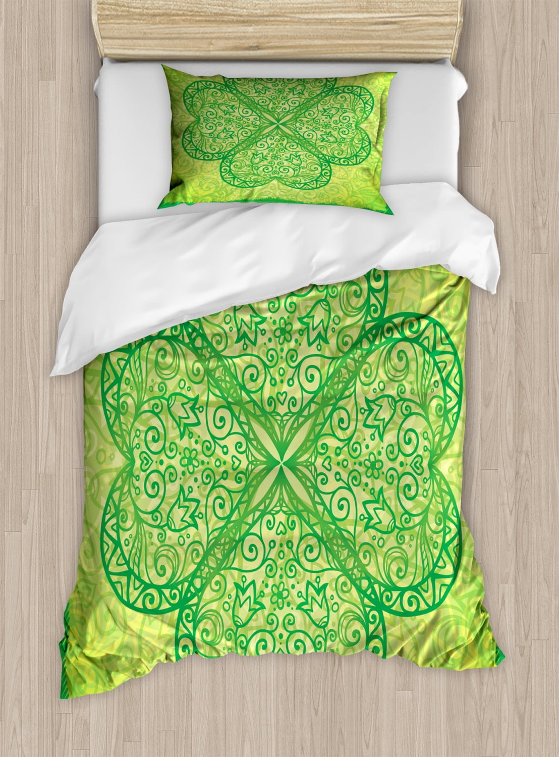 Irish Duvet Cover Set Twin Size, Traditional Heart Motifs in Green