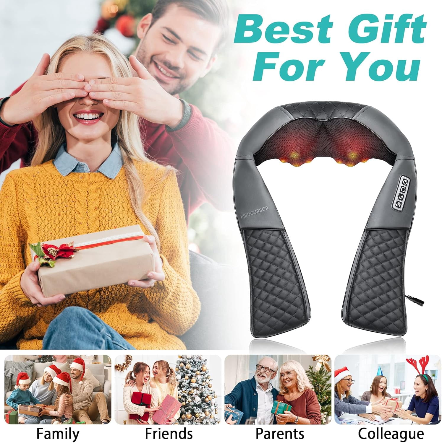 Medcursor Neck Shoulder Massager, Electric Shiatsu Back Massager, Portable Deep Tissue 3D Kneading Pillow for Muscle Pain Relief, Home, Office, Car Use