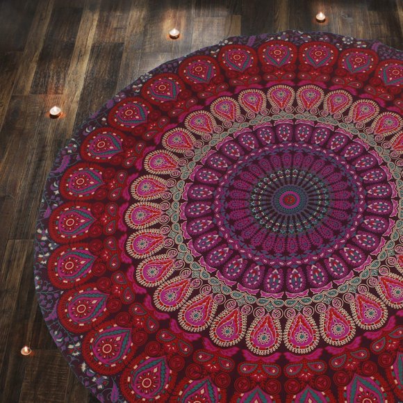 RAJRANG Tapiz redondo pequeño - Mandala chakra, estilo boho hippie, mantel redondo de algodón puro para playa, picnic y camping - rosa y morado - 48 pulgadas