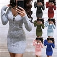 thumbnail image 1 of Vestido tipo suéter de color liso con cuello en V y cremallera, suelto y torcido, adecuado para adultos jóvenes, 1 of 5