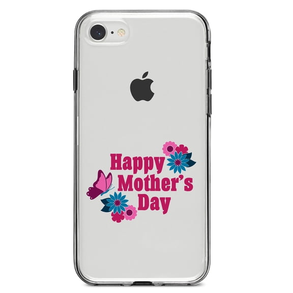 DistinctInk Clear Shockproof Hybrid Case for iPhone 7 8 SE (2020 Model) 4.7" Screen TPU Bumper Acrylic Back Tempered Glass Screen Protector - Happy Mother's Day - Flowers Butterfly