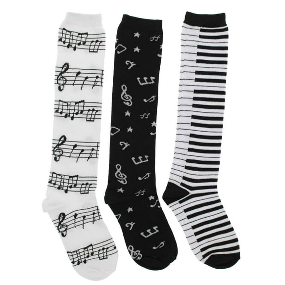 Women's Black White Music Notes, Piano Keys, Instruments Knee High Socks, (3Pr)