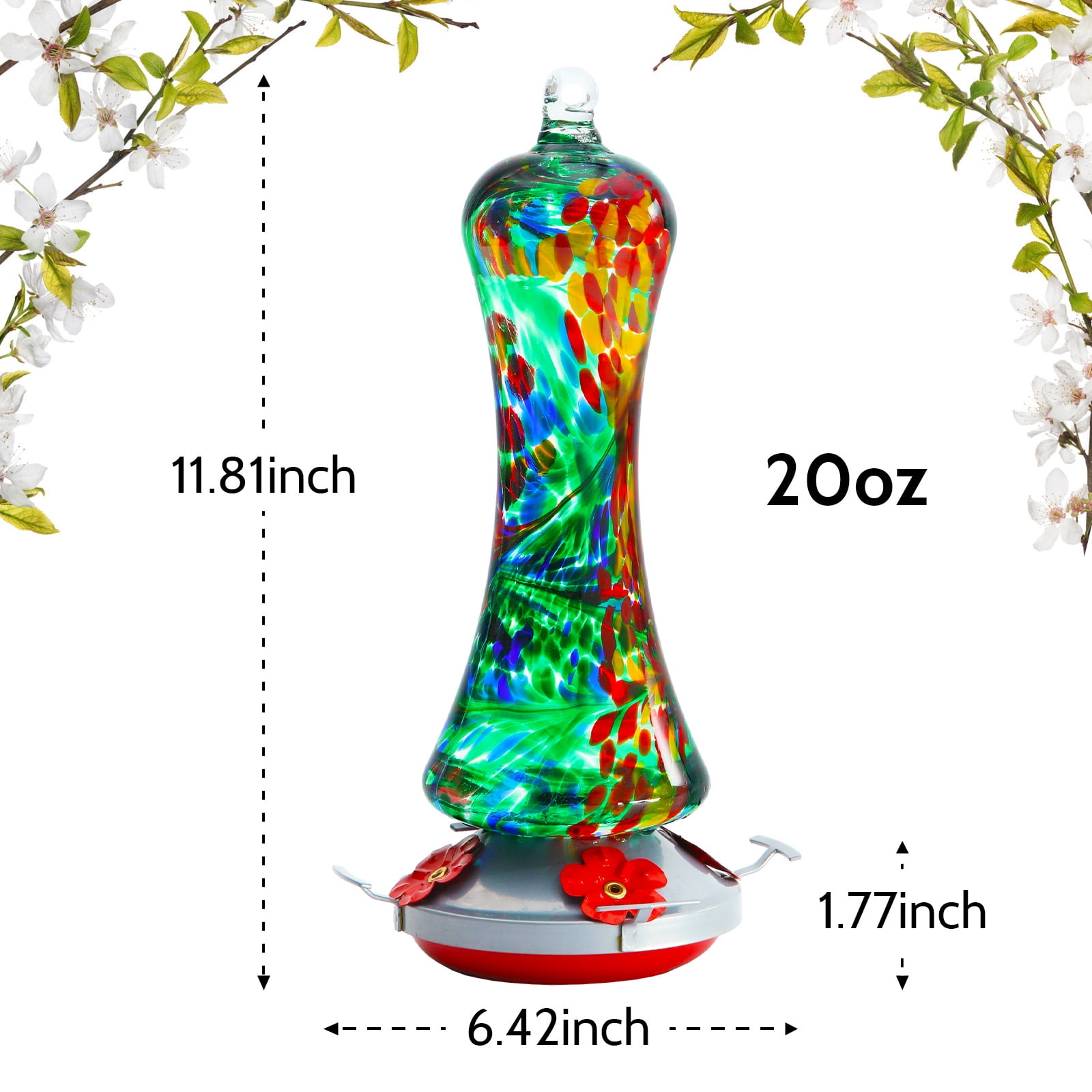 Birdkiss Hand-Blown Glass Hummingbird Feeder 16 oz for Garden Backyard Patio Decor with Ant Moat, Leak Proof & Rustproof, 5 Feeding Ports & 5 Perches