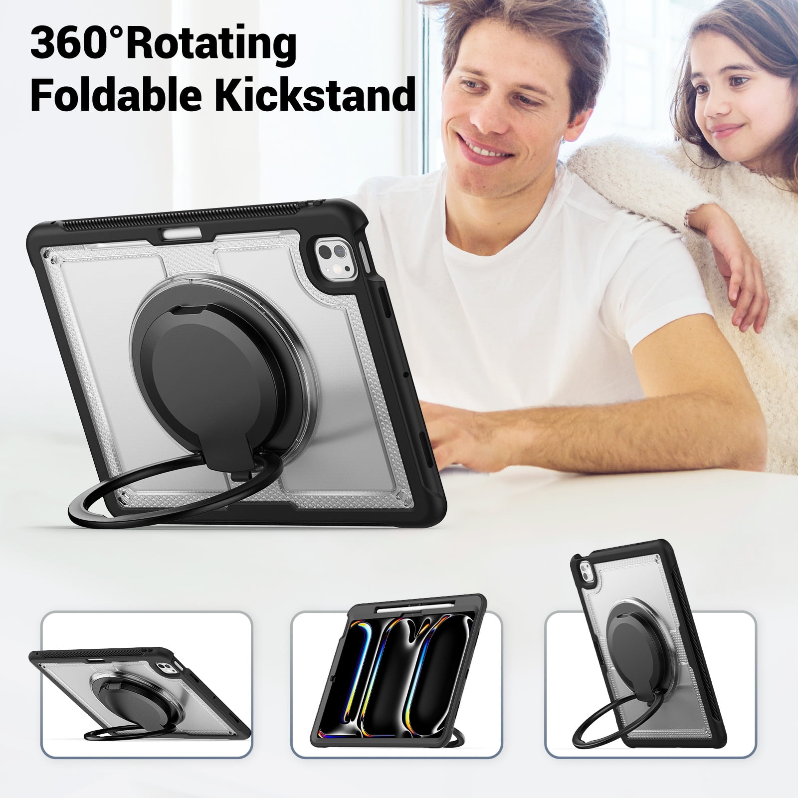 Shockproof Case for Apple iPad Pro 11 Inch 2024, Rugged Hybrid Protective Cover with Pencil Holder & Shoulder Strap Kids Friendly Rotating Kickstand Case for iPad Pro 11" 2024 M4,Clear