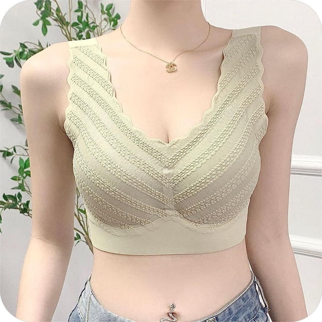 Sujetador deportivo sin costuras para mujer, ropa interior de verano con escote pequeño fruncido y encaje fino, talla grande, sin aros