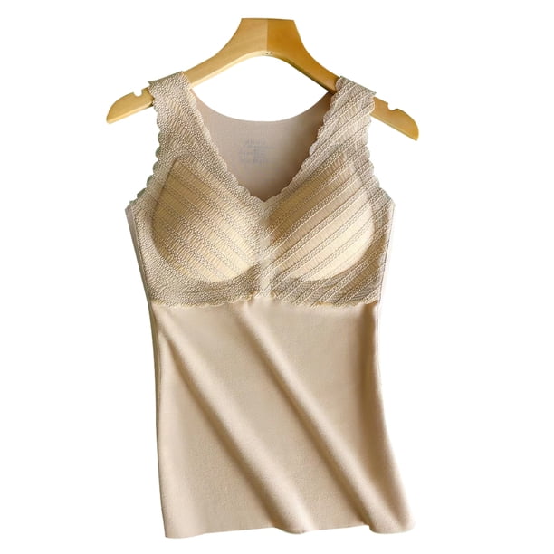 Chaleco de ropa interior térmica para mujer Camisola sin mangas cálida Chaleco de encaje equipado con sujetador para mujer - Albaricoque