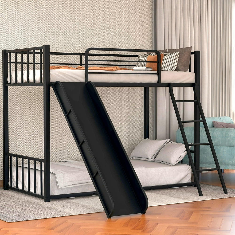 EUROCO Metal Bunk Bed Twin Over Twin With Slide, Black
