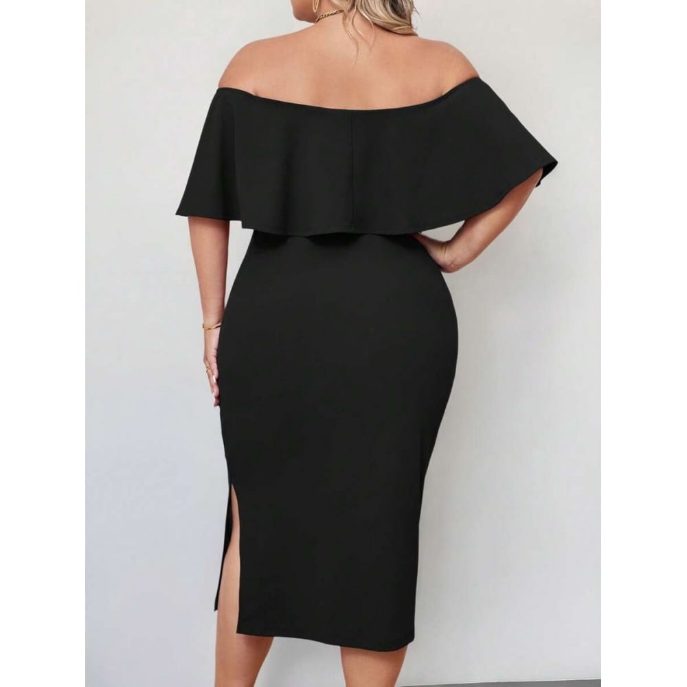 Black Plus Size Off-Shoulder Ruffle Detail Sheath Dress For Spring To Summer