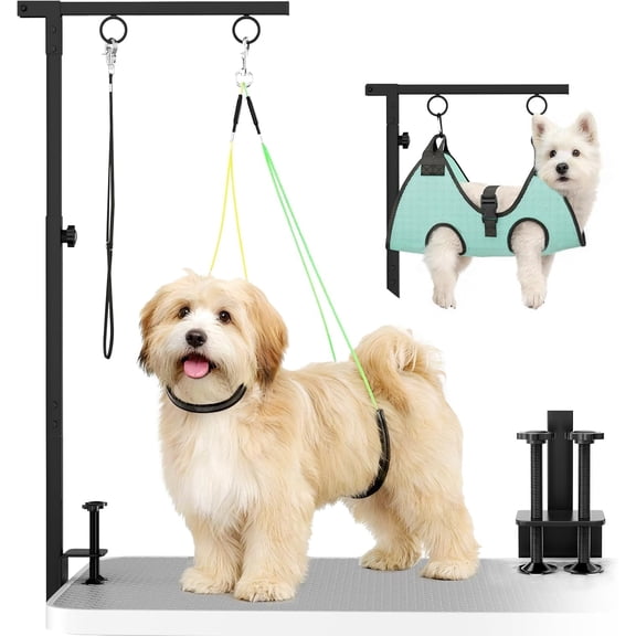 Ecoskio 1 Pack Adjustable Dog Grooming Table Arm Stand, 31.5 in x 43.3 in Pet Grooming Kit with Hammock Clips for Trimming Haircut Drying Small Dogs