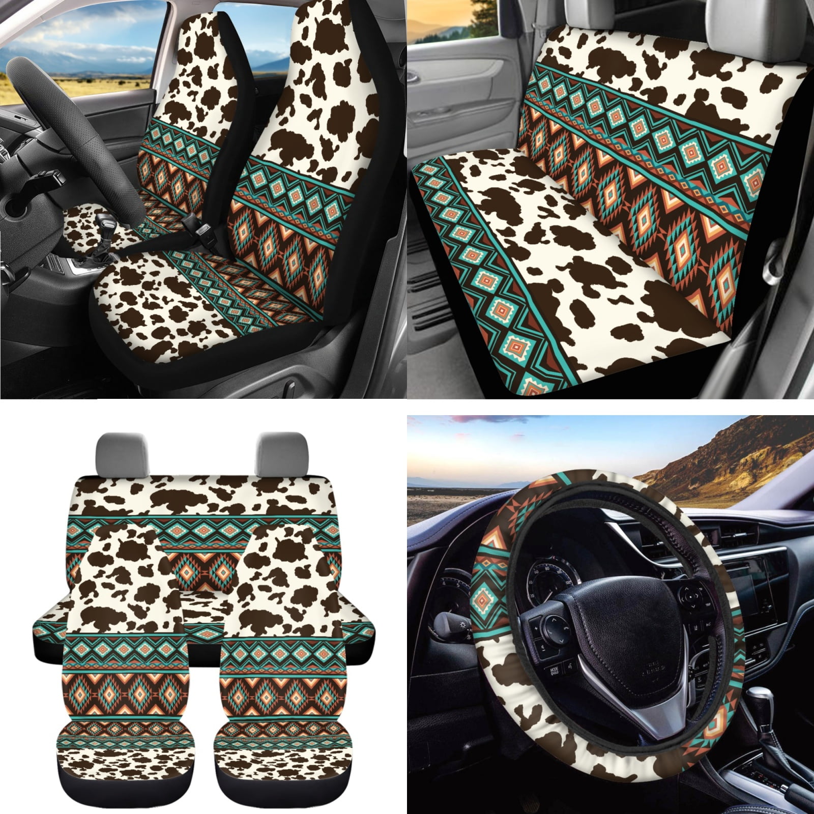 Jeiento Southwest Aztec 15 Pack Car Accessories Set Auto Seat Protector Steering Wheel Cover Seatbelt Strap Pad Trash Can Mount Storage Pocket Cow Print Coasters Rearview Mirror Cover Keychain