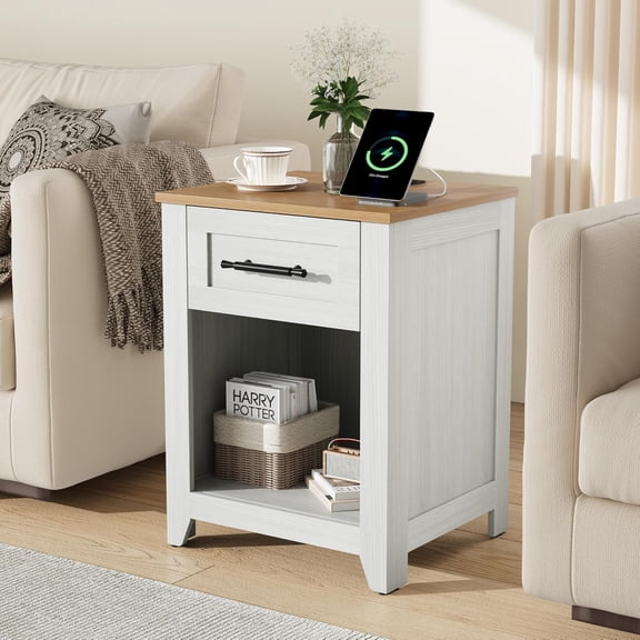 1 Drawer Nightstand with Charging Station and Open Shelf Farmhouse Bedside Table with Storage White Brown