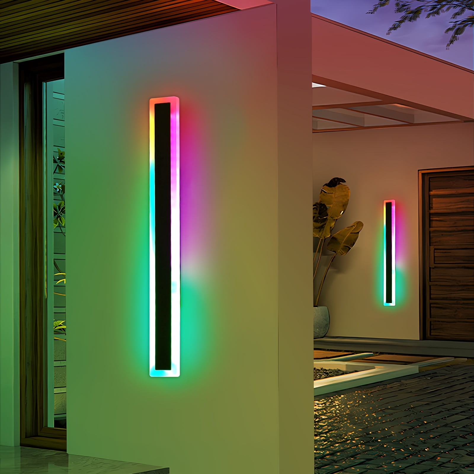 2pcs Outdoor RGB Long Wall Lights – Dimmable LED Wall Sconces with Remote & App Control, Matte Metal Finish for Patio, Garden, Indoor & Outdoor Decor