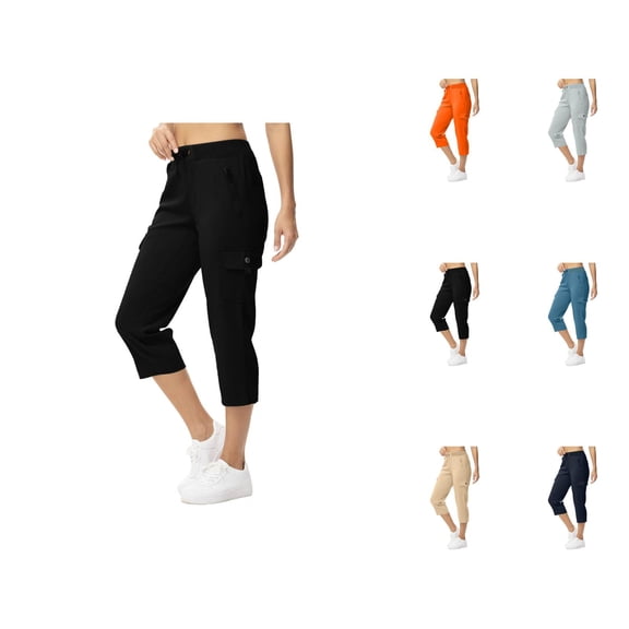 Capri Pants for Women Summer Casual Elastic Waist Straight Leg Cropped Cargo Pants with Zippered Pocket