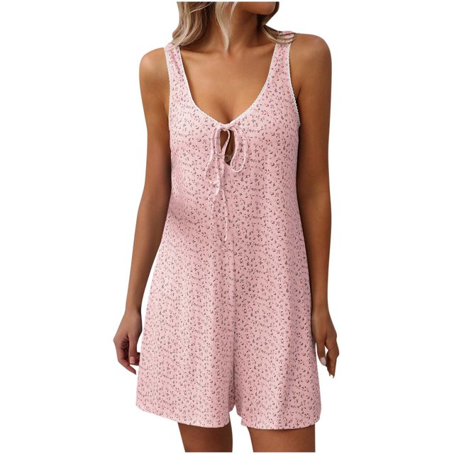 Tumotour Jumpsuits for Women Summer Sleeveless Short Rompers Comfortable Drawstring Printed Suspender Shorts Casual Solid Color Loose Overalls Pant for Trendy Beach Vacation Outfits