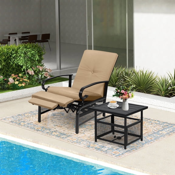SUNCROWN Patio Recliner Outdoor Adjustable Lounge Chair and Patio Metal Side Table Umbrella Base Stand (Brown)