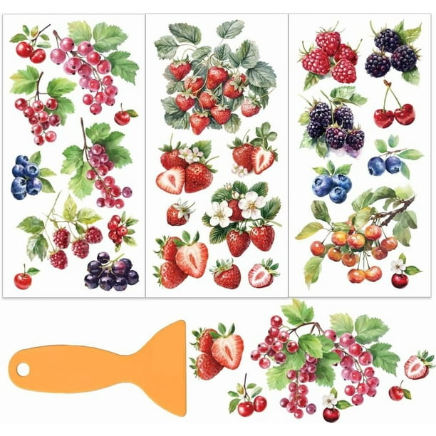 Juego de 3 calcomanías de fresas y arándanos para muebles y manualidades (15 x 30 cm). Incluye espátula.