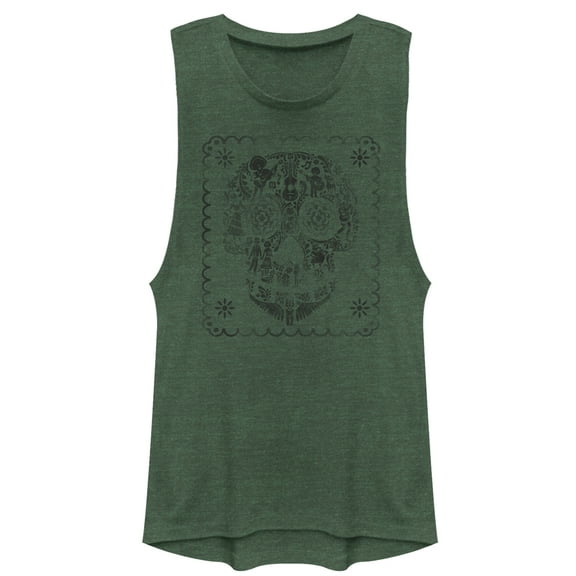 Junior's Coco Sugar Skull Stamp Festival Muscle Graphic Tee Pine Green Heather Large