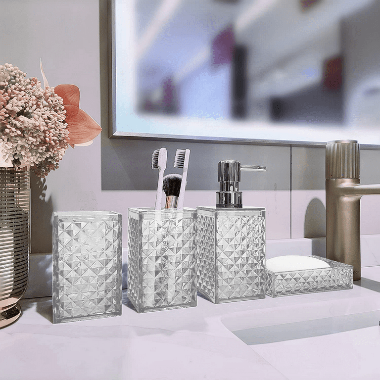 Acrylic Bathroom Accessories Set of 5, Diamond Pattern Bathroom Decor Sets  with Toothbrush Holder Tumbler Lotion Dispenser Soap Dish Toilet Brush  Vanity Set for Elegant Gift Set 