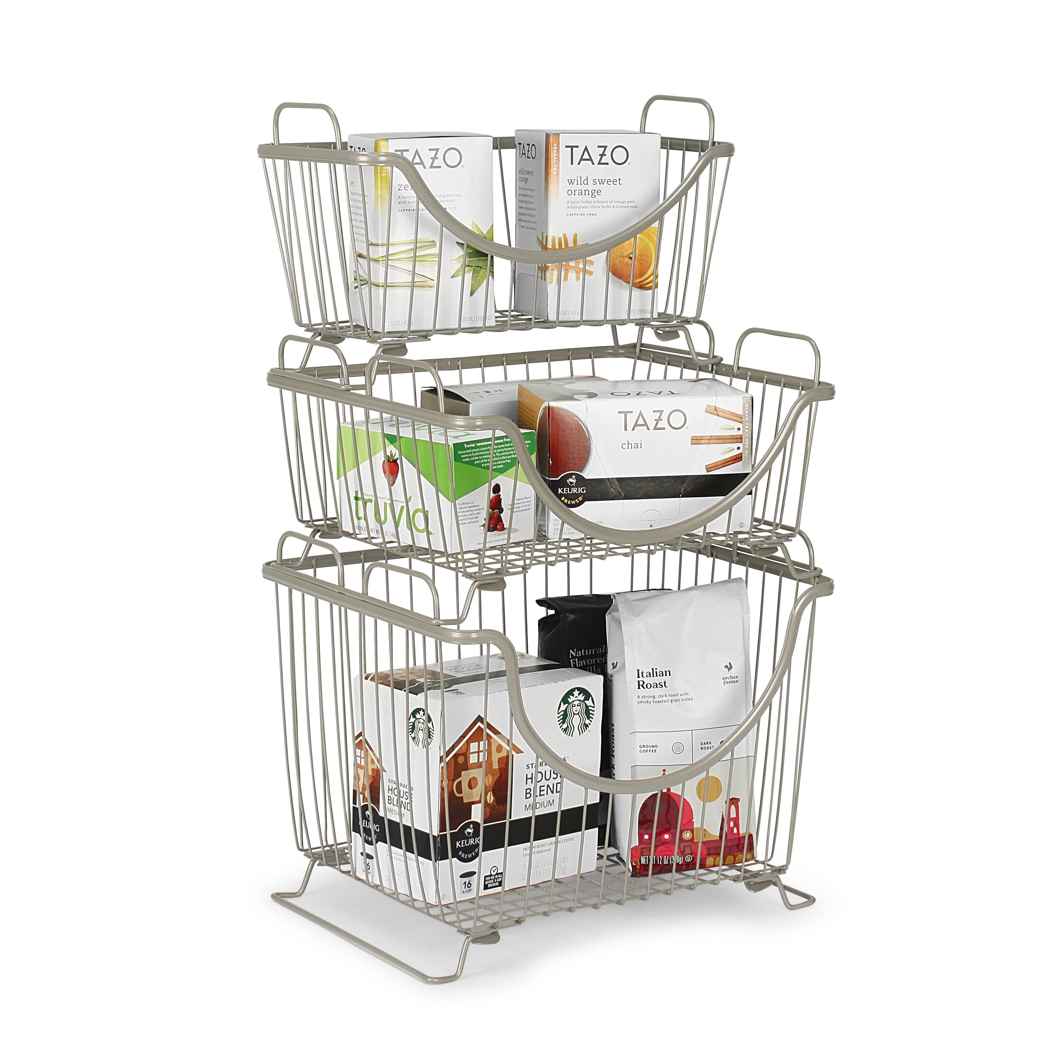Spectrum Diversified Ashley Steel Stackable Wire Basket with Raised Feet and Looped Handles, Modular Stacking Bin System for Kitchen Countertop and Desk Organization, Medium, Satin Nickel