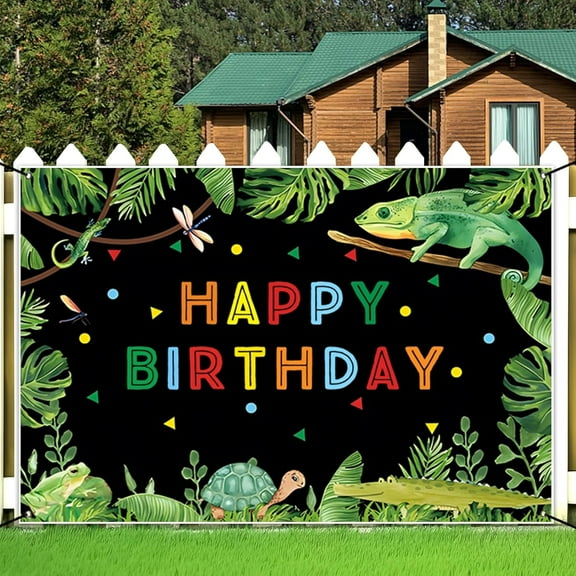 7x5FT Reptile Themed Cute Happy Birthday Backdrop Green Jungle Safari Swamp Birthday Party Decoration Crocodiles Lizard Frog Turtle Birthday Hanging Backdrop Kids Birthday Party Cake Table Banner