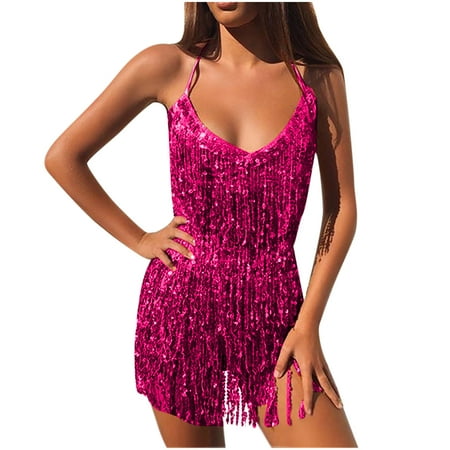 

Women Sexy Sequin Sleeveless Halter Top with Fringe Skirt Belly Dance Performance Festival Rave Party Club Costume