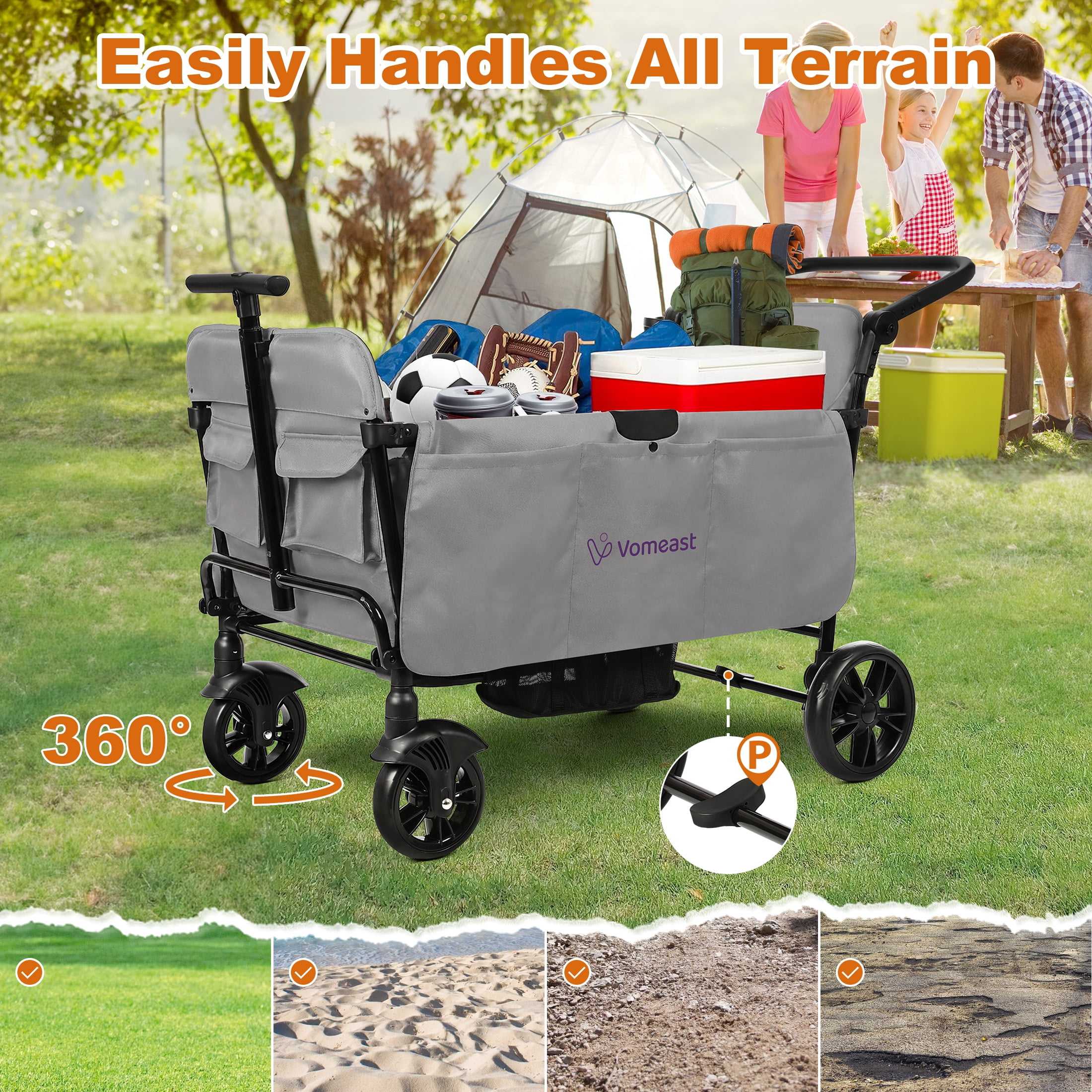 Vomeast Wagon Stroller for Kids,Spacious 2-Seater Stroller Wagon with Adjustable Canopy,Pull & Push Handle,5-Point Harness,Foldable for Toddlers, Grey