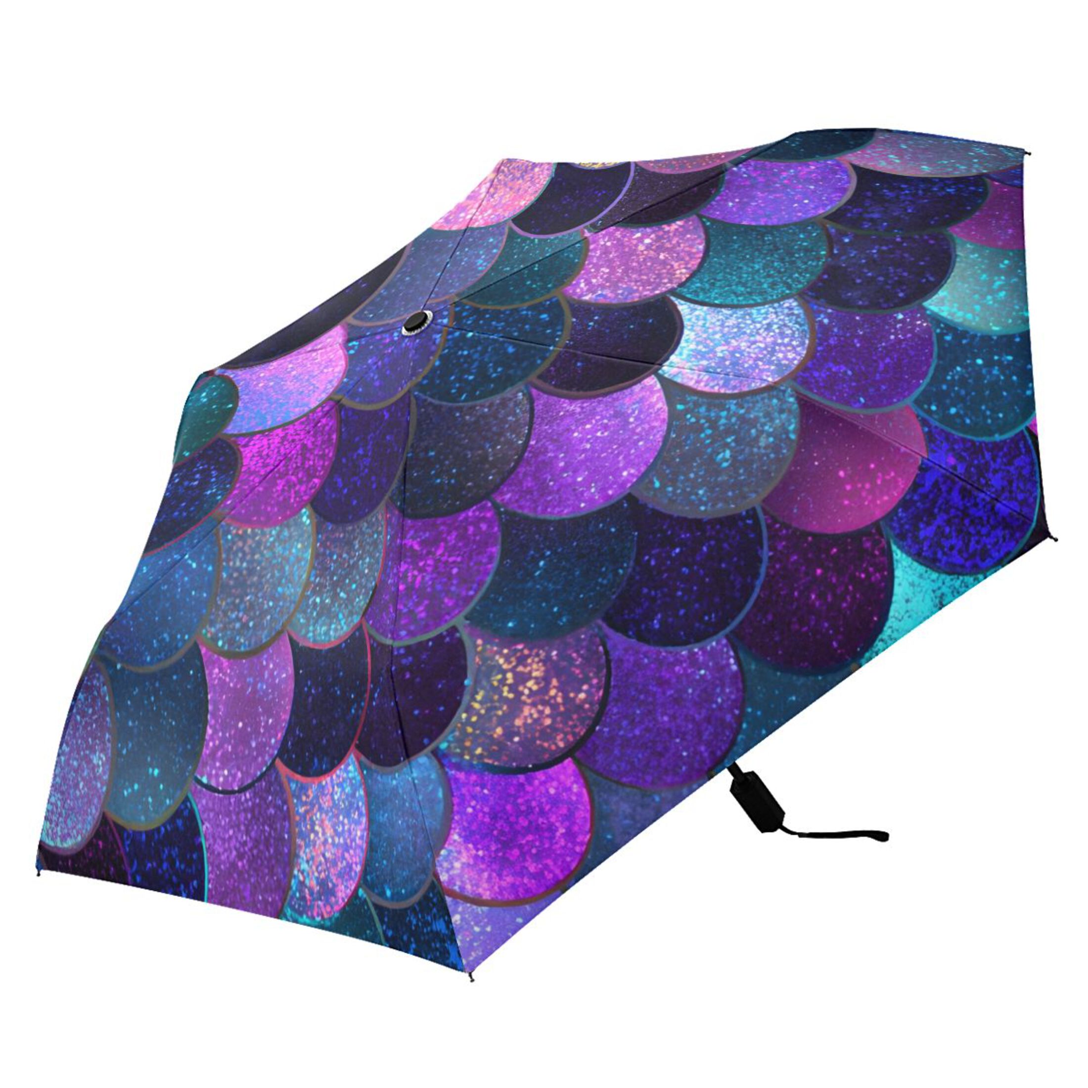 Purple Blue Mermaid Scales All Weather Umbrella Triple Folding Parasol 6 Ribs UV Protection Portable