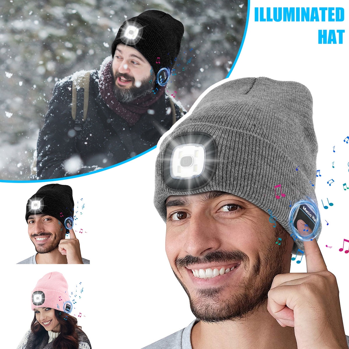 Rechargeable Wireless Bluetooth LED Hat with Music Speakers Light Beanie Warm UK 