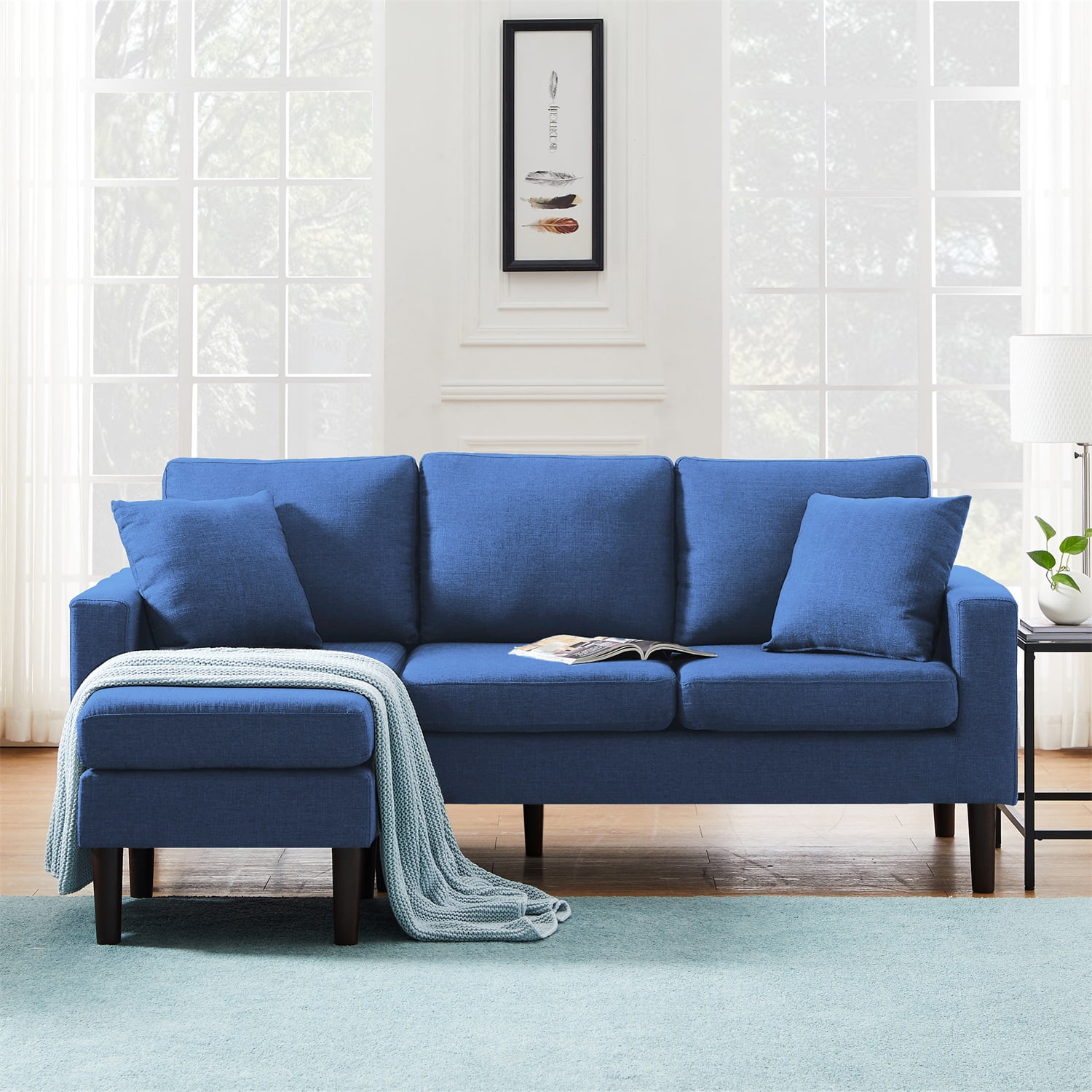 Kadyn 72" Sectional Sofa, L-Shaped Sofa with 2 Pillows, Fabric 3-Seat Sofa for Living Room, Navy Blue