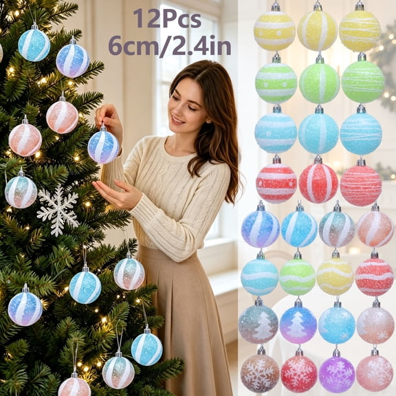 Fwttom 2.4" Christmas Ball Ornaments Set Shatterproof Multicolor Striped Merry Christmas Tree Decorations for Holiday Gifts Hanging Xmas Decor,