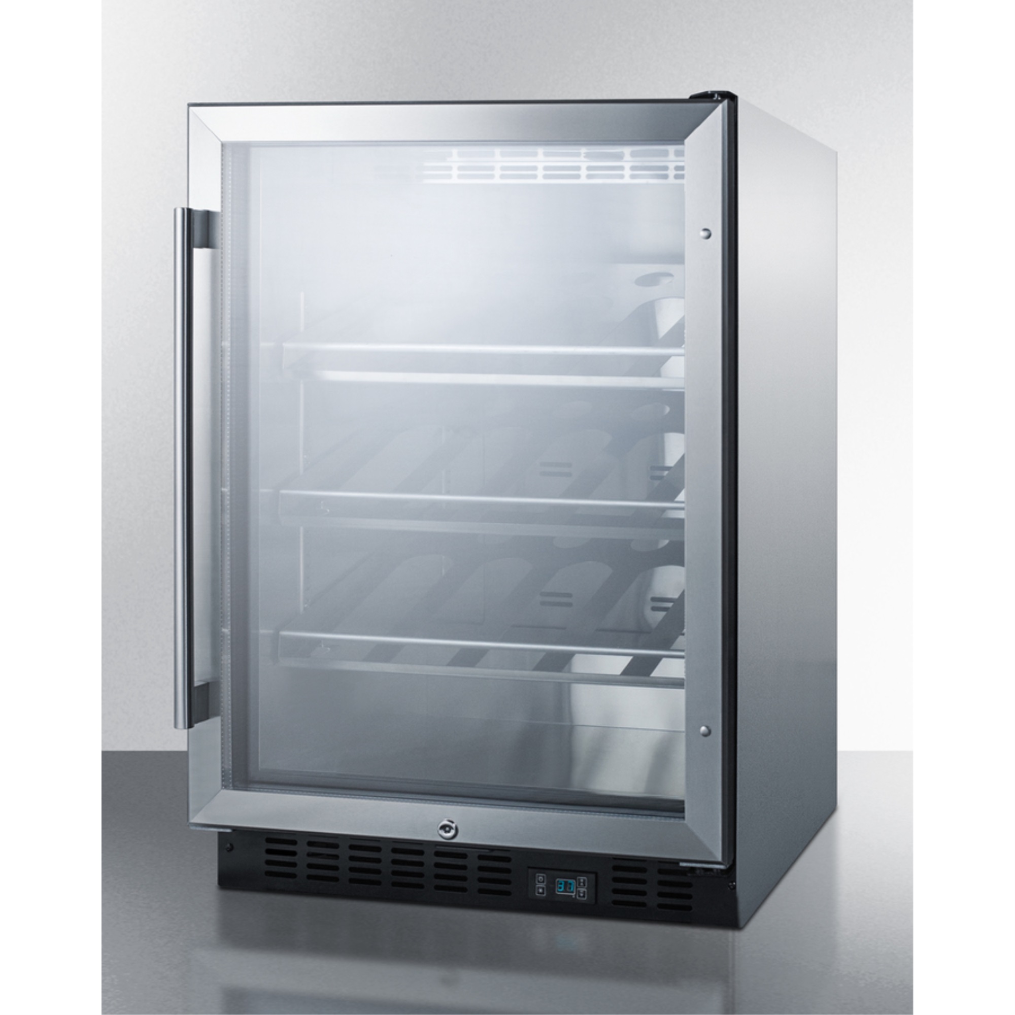 Commercial built-in undercounter wine cellar with champagne style shelving
