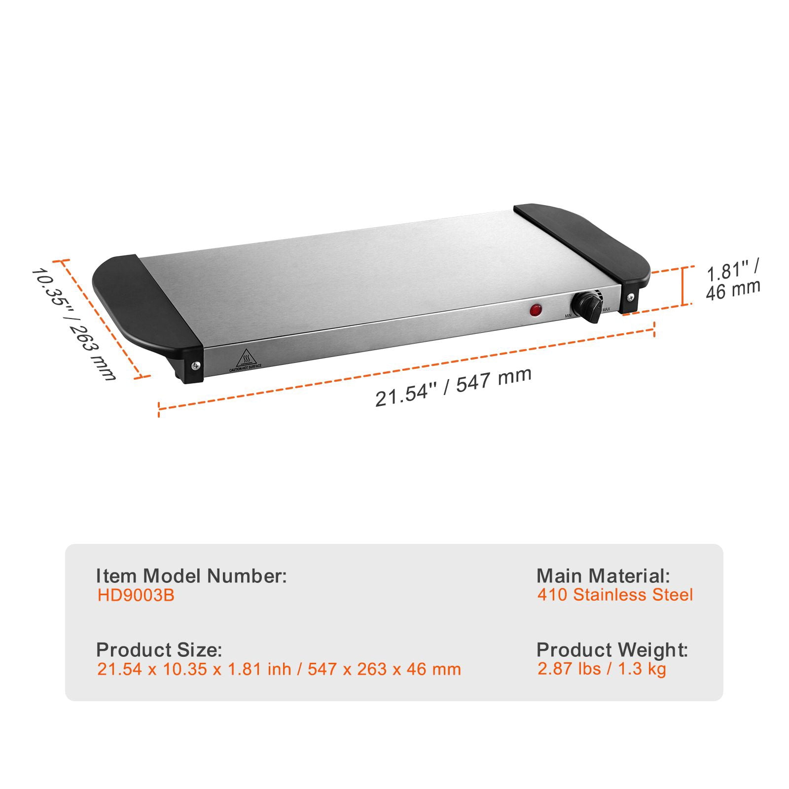 Electric Warming Tray 21.54x10.35 Inch Stainless Steel Metal Panel Mechanical Knob for Food Warming Defrosting