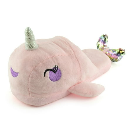 

Ladies Plush Novelty Pink Narwhal Open Back Slippers
