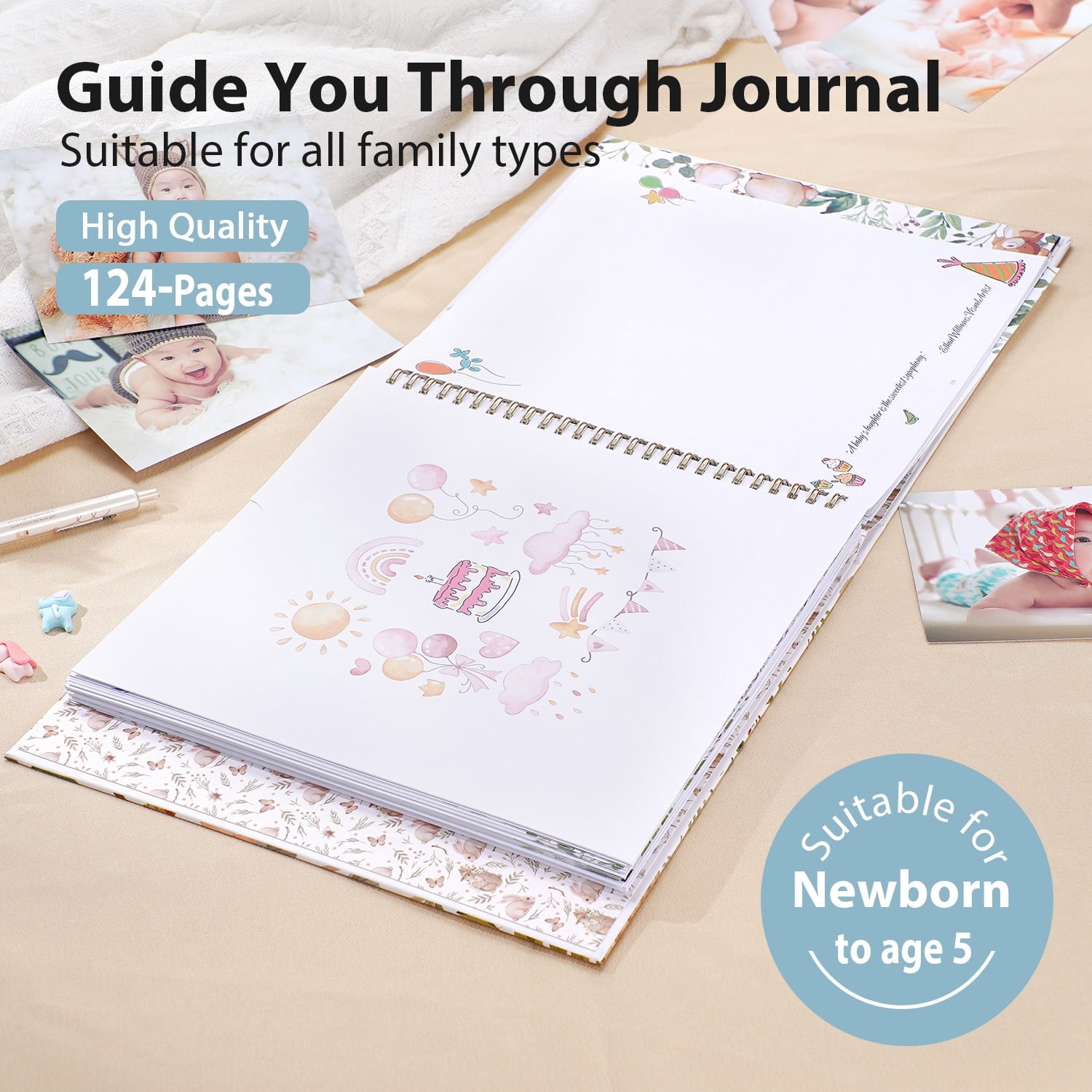 TJT Keepsake Baby Books for Newborn Baby Memory, First 5 Years Baby Memory Book Record Gift, 124 Pages Baby Album, Rabbit, Green