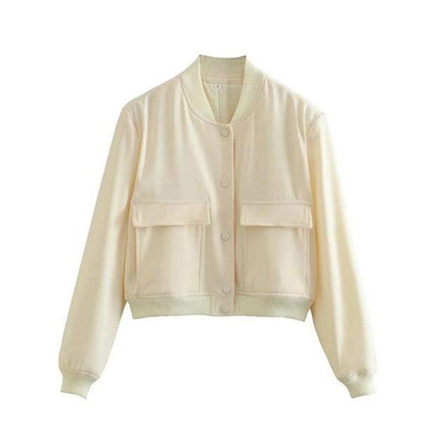 Chaqueta Bomber blanca para mujer abrigo corto de aviador de beisbol con botones manga larga Otono e Invierno Walmart en linea