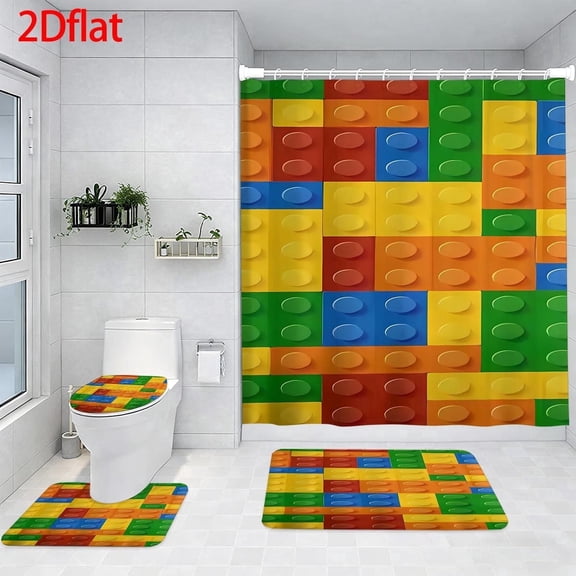 Family Shower Curtain Set Colorful Building Blocks Pattern Shower Curtain with Hooks.Bathroom Set with Shower Curtain and Rugs and Accessories Bathroom Decor Curtain with 12 Hooks