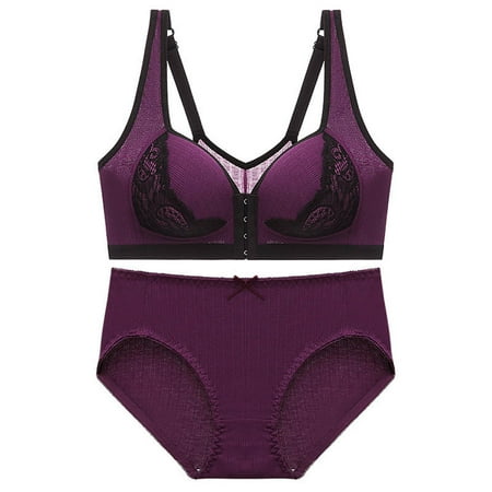 Tumotour Front Open Bras Sets For Women Lace Pattern Adjustable Strap Wirefree Button Closeure Bra Nursing Underwear Breathable Gathering Push Up Without Steel Ring Comfy Soft Cotton Daily Underwear