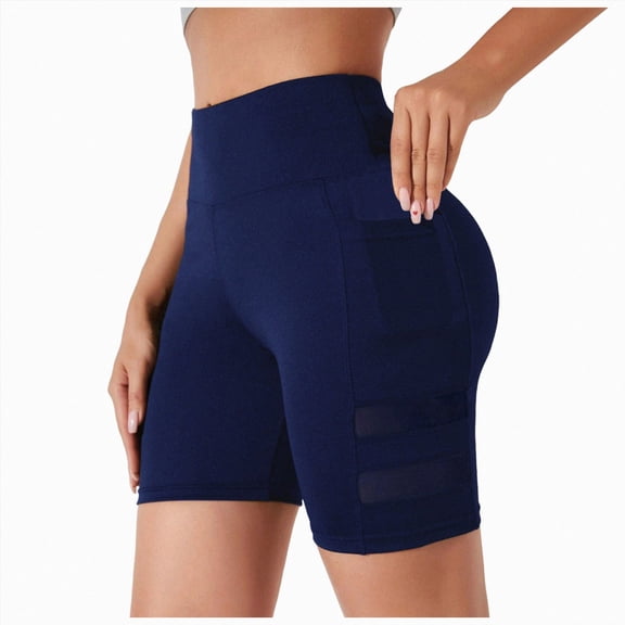 COMVALUE Women's Yoga Shorts with Pockets Tummy Control High Waist Biker Shorts 7" Workout Running Tight (Navy, S)