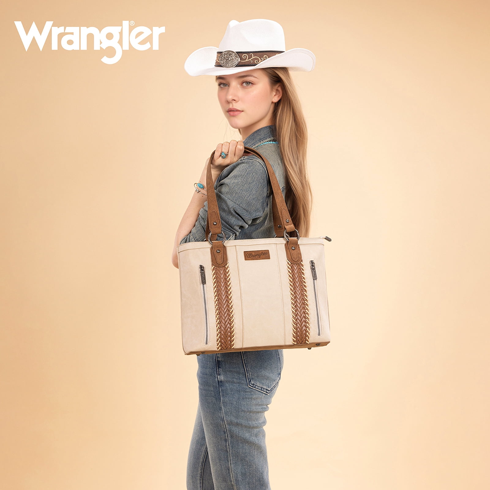 Wrangler Distressed Tote Bag for Women Western Purse Multi Pockets Handbags and Shoulder Bag, Beige