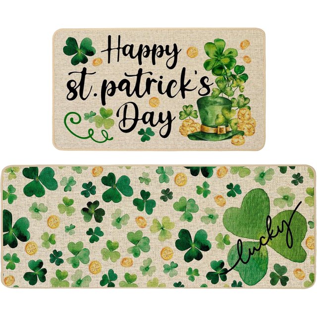 St. Patricks Day Kitchen Mats Set of 2, Lucky Shamrock Hat Gold Coins Kitchen Rugs for Floor Low-Profile Irish Holiday Home Kitchen Decoration 17x29 and 17x47 Inch