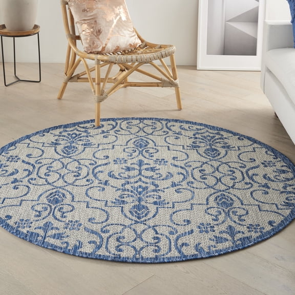 Nourison Country Side 5'3" x Round Ivory Blue Farmhouse Rug