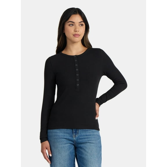 Time and Tru Women's Ribbed Henley Shirt with Long Sleeves, Sizes XS-XXXL