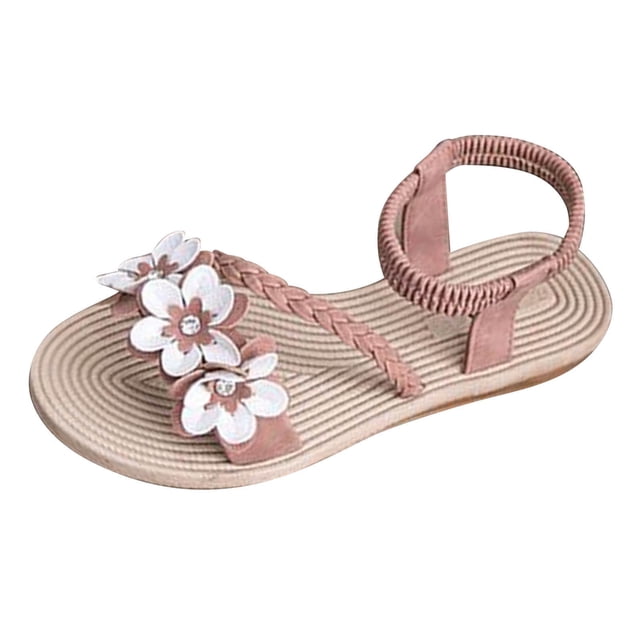 Womens Flat Sandals Weave Strap Open Toe Rhinestone Flower Decoration Ankle Elastic Non Slip Lightweight Breathable Summer Beach Sandals Brown