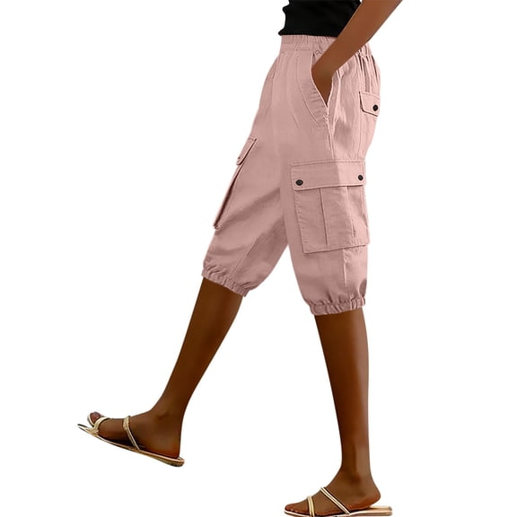 Women's Loose Cargo Pants Elastic Waist Straight Leg Knee Length Joggers Mid Rise Casual Summer Bottoms with Pockets